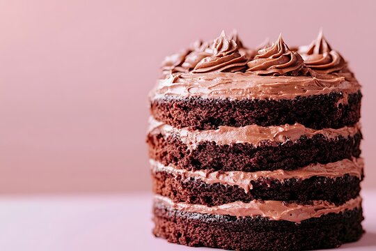 A decadent chocolate cake with rich frosting isolated on a soft pastel background