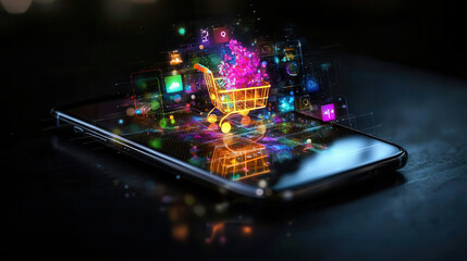 Wall Mural - futuristic smartphone displaying glowing shopping cart with digital icons, symbolizing online shopping and technology