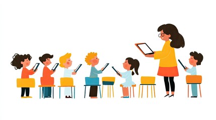 Students in classroom using tablets; teacher demonstrating; simple design; educational concept