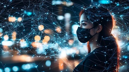 Wall Mural - Woman, mask, city night, network, connection, digital future, tech illustration