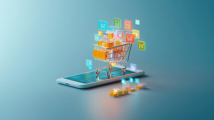 Wall Mural - minimalist shopping concept featuring glowing 3D cart on smartphone, symbolizing modern online shopping