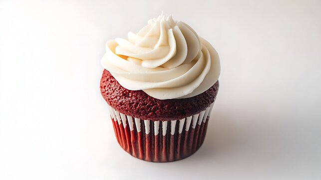 A delicious red velvet cupcake with fluffy white frosting isolated against a bright white background