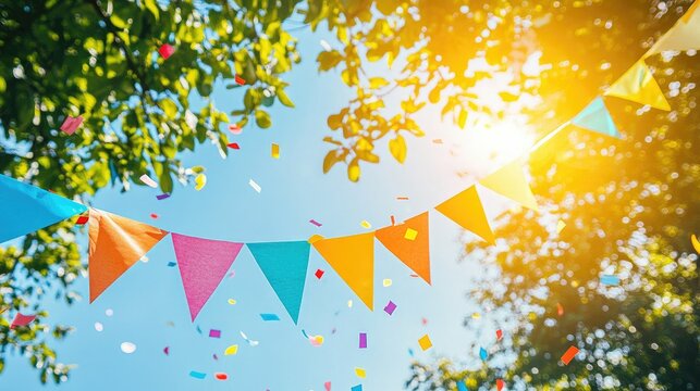 A bright and cheerful party banner with colorful streamers and confetti under a sunny sky, perfect for an outdoor celebration.