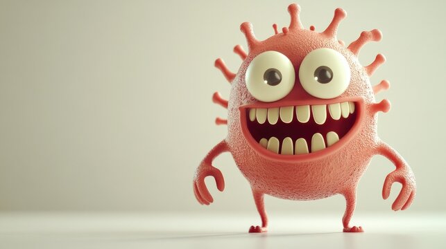 A charming cartoon microbe with a big grin and playful details in a minimal white setting.