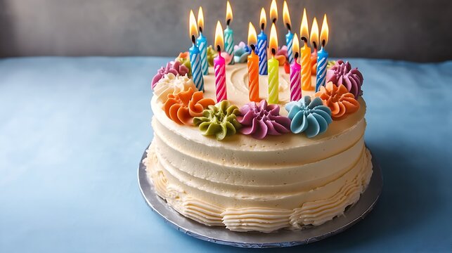A delightful buttercream cake with colorful birthday candles isolated on a soft blue background