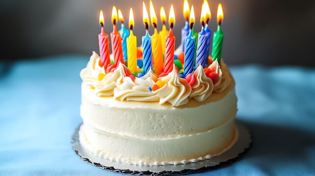 A delightful buttercream cake with colorful birthday candles isolated on a soft blue background