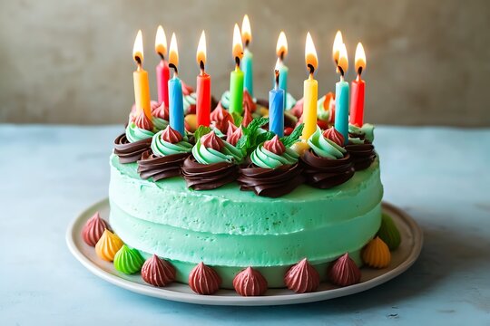 A delightful mint chocolate birthday cake with colorful candles set against a pale blue backdrop
