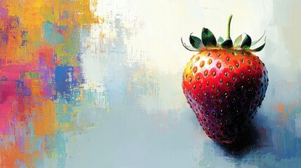 A single, ripe strawberry in painterly style against a colorful background.