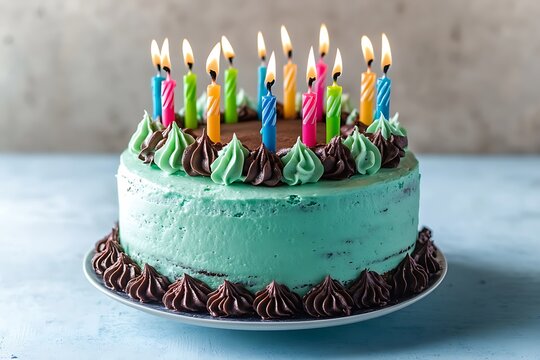 A delightful mint chocolate birthday cake with colorful candles set against a pale blue backdrop