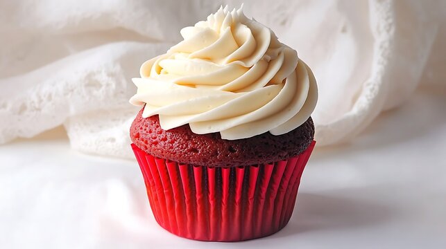 A delightful red cupcake decorated with creamy white icing isolated on a clean white backdrop