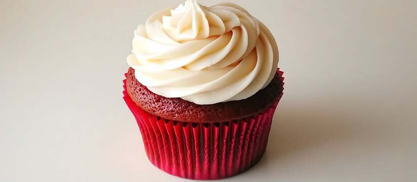 A delightful red cupcake with smooth white frosting isolated on a pure white background