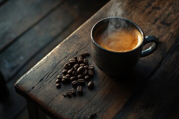 Steaming espresso, wooden table, coffee beans, rustic background, cafe