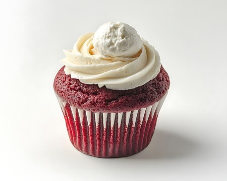 A delightful red velvet cupcake with a dollop of white frosting isolated against a smooth white backdrop