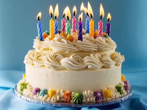 A delightful vanilla birthday cake adorned with colorful candles and frosting placed against a pastel blue backdrop