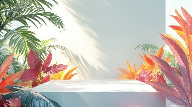 A floating summer podium surrounded by colorful tropical leaves and sleek geometric forms on a pristine white canvas.