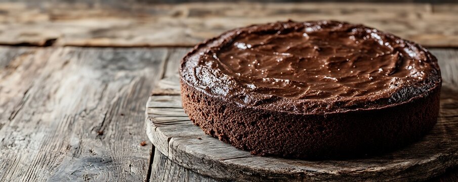 A dense flourless chocolate cake isolated on a rustic wooden table