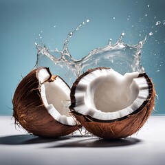 A refreshing burst of tropical flavor! Two halves of a coconut burst open with a refreshing splash of water, showcasing the  delectable fruit's juicy interior.