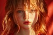 © ah.giel - A captivating portrait of a young girl with radiant golden hair, bathed in warm, sunset light against a rich red background.