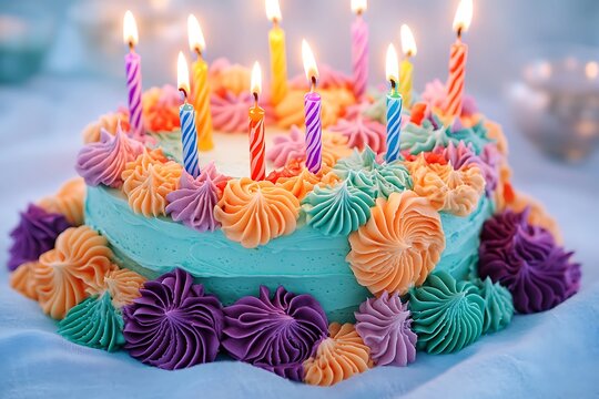 A festive birthday cake decorated with colorful frosting and vibrant candles set against a light blue backdrop