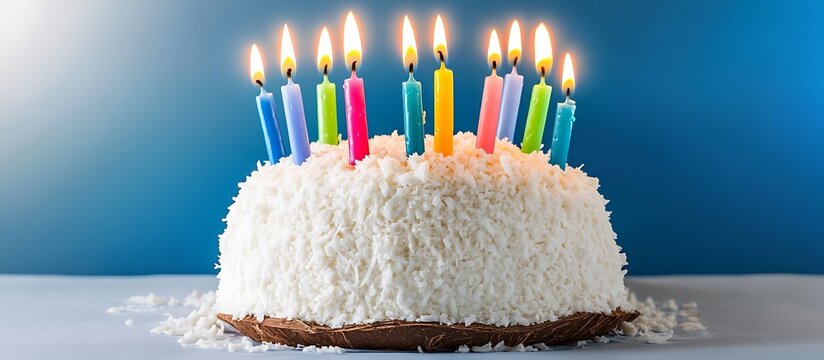 A festive coconut cake with colorful candles set against a cheerful blue background