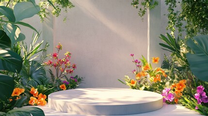 Wall Mural - A minimalist 3D podium set in a lush spring garden with vibrant flowers and greenery in full bloom.