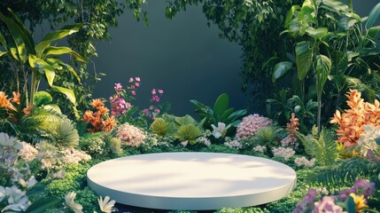 Wall Mural - A minimalist 3D podium set in a lush spring garden with vibrant flowers and greenery in full bloom.