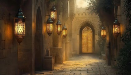Wall Mural - ancient city street with glowing lanterns leading to a golden gate at night