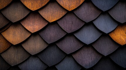 Wall Mural - A close-up of wooden shingles arranged in overlapping patterns, showcasing texture and color.