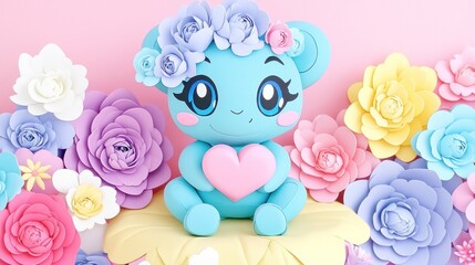 Poster - Cute light blue teddy bear with flower crown holding a pink heart, surrounded by pastel colored paper flowers.