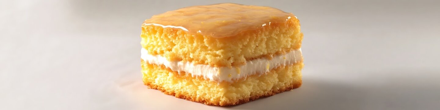 A fluffy sponge cake with lemon glaze isolated on a clean white surface