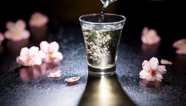春・桜の花びらが舞い散る月明りの中　グラスに日本酒を注ぐ　花見・アルコール・酒・夜桜・宴会・日本・季節のイメージ背景