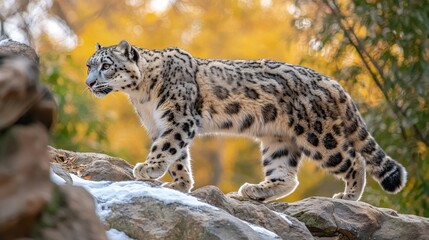 Wall Mural - a snow leopard gracefully walking on a rocky mountain ridge