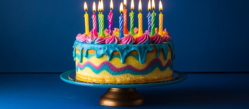 A fun and whimsical birthday cake decorated with bright candles and colorful icing isolated on a vibrant blue background