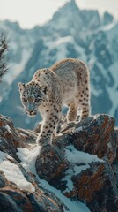 Wall Mural - a snow leopard gracefully walking on a rocky mountain ridge