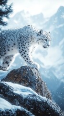 Wall Mural - a snow leopard gracefully walking on a rocky mountain ridge