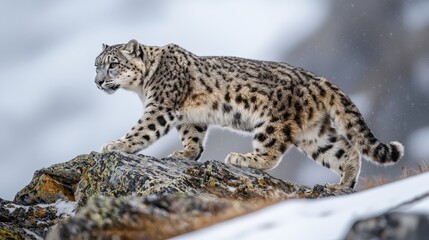 Wall Mural - a snow leopard gracefully walking on a rocky mountain ridge