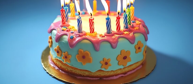 A fun and whimsical birthday cake decorated with bright candles and colorful icing isolated on a vibrant blue background