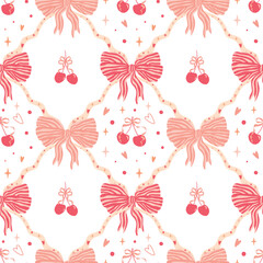 Wall Mural - Pink bows and cherry damask seamless pattern for Valentines day. Preppy coquette trellis background. Cute romantic print, lovely wallpaper. Hand drawn bow knots, textile. Vector retro design.