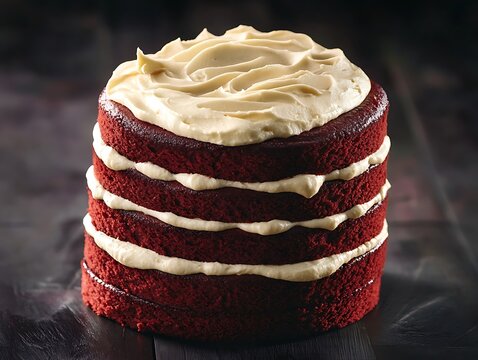 A layered red velvet cake with cream cheese frosting isolated on a dark wooden table