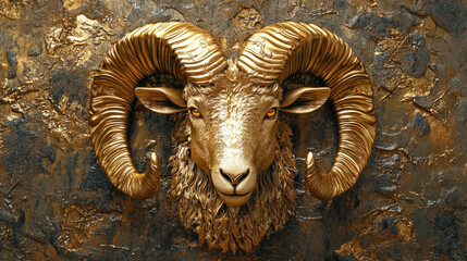 Poster - detailed 3D representation of ram head with vibrant golden textures, showcasing intricate features and majestic appearance against textured background