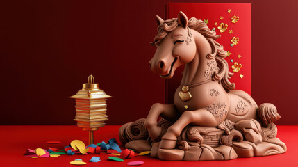 Poster - smiling clay horse figurine with intricate designs, surrounded by colorful confetti and decorative lantern, set against vibrant red background