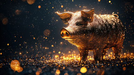 Poster - detailed golden pig sculpture representing zodiac sign, adorned with intricate textures and sparkling effects, evokes sense of prosperity and celebration