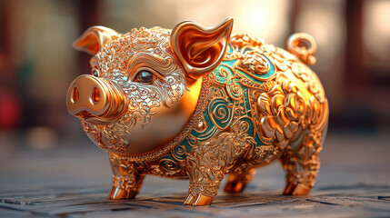 Poster - beautifully crafted golden pig figurine with intricate textures and designs, symbolizing prosperity and good fortune. This stunning piece captures essence of zodiac