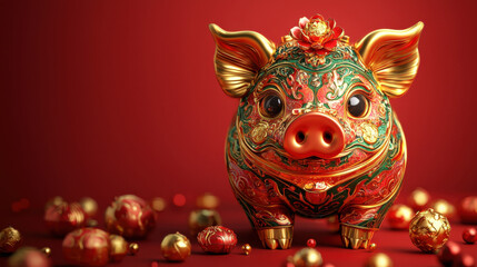 Poster - beautifully designed golden pig figurine representing zodiac, adorned with intricate patterns and vibrant colors, surrounded by decorative elements