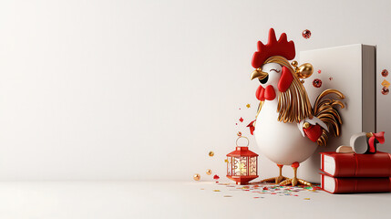 Poster - Charming 3D illustration of rooster, symbolizing Chinese Zodiac, with festive decorations, lantern, and gifts, evoking joy and celebration