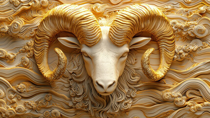 Leinwandbilder - 3D ram design with intricate details and golden textures, showcasing majestic ram head against swirling background. craftsmanship highlights elegance and artistry