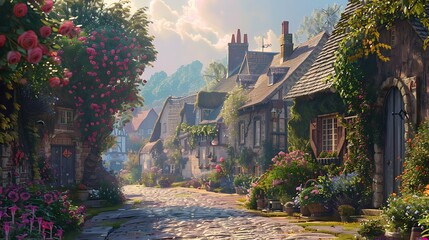 Wall Mural - A detailed oil painting of a peaceful village scene, with small houses, cobblestone streets, and vibrant flowers, rendered in warm tones, set against a plain white background. 8k UHD, suitable 