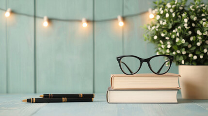 Poster - Stylish black cat eye glasses resting on stacked books with decorative plant and warm lights in background create cozy study atmosphere