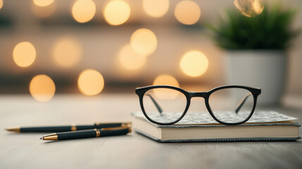 Poster - Stylish black eyeglasses resting on notebook with pens, creating cozy atmosphere with blurred lights in background. Perfect for studying or reading
