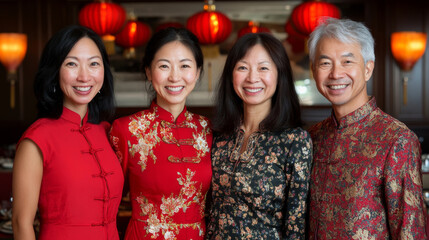 A vibrant group portrait of four individuals in traditional Asian attire, smiling warmly against a backdrop of red lanterns.